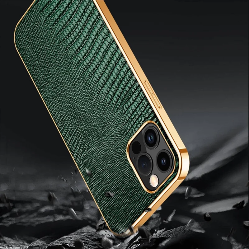 Anti-Fall Phone Case for iPhone 14 Pro Electroplating Shockproof Case Genuine Leather Coated TPU Back Cover with Lizard Texture - Black