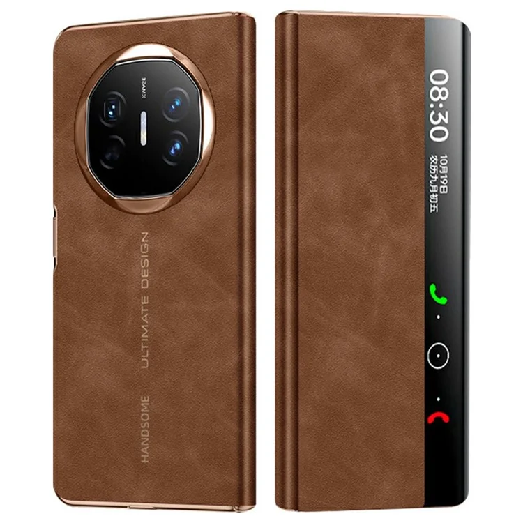For Huawei Mate X6 Case Leather Protective Cover with Smart Window Auto Wake Up - Coffee Brown