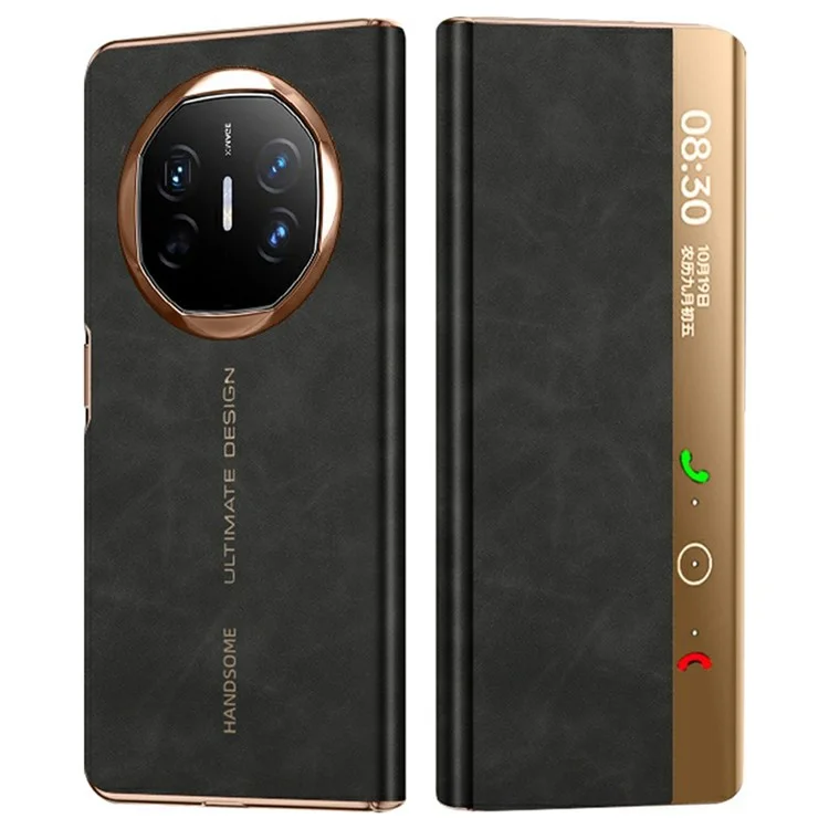 For Huawei Mate X6 Case Leather Protective Cover with Smart Window Auto Wake Up - Black  /  Gold