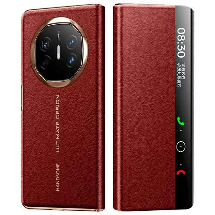 Custodia per Huawei Mate X6 con finestra di visualizzazione, risveglio/sospensione automatici, cover in pelle a portafoglio con texture a litchi - Rosso