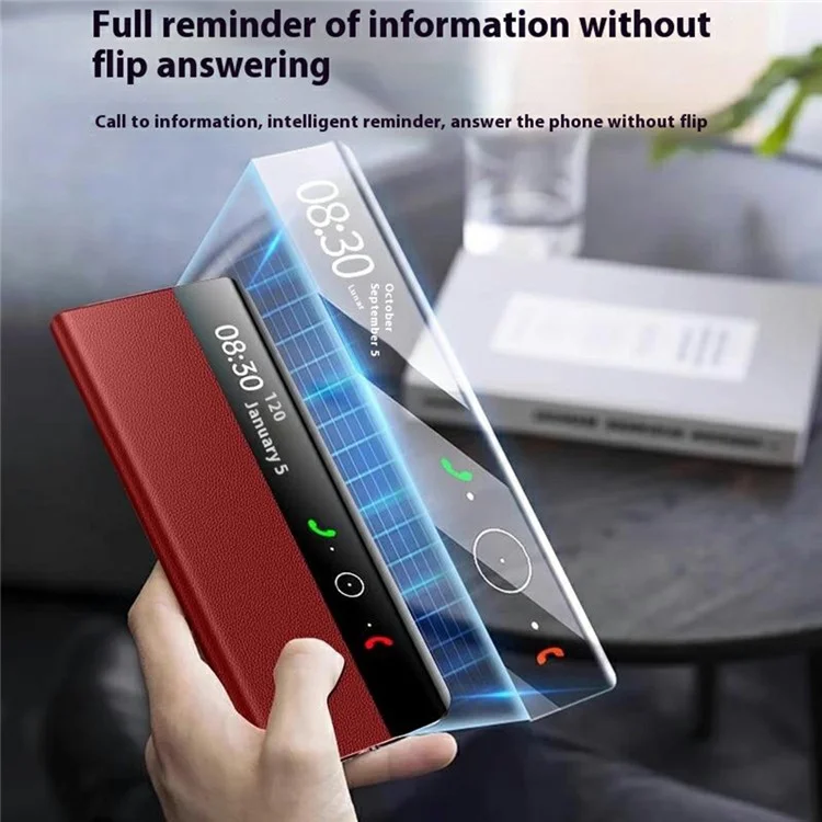 Custodia per Huawei Mate X6 con finestra di visualizzazione, risveglio/sospensione automatici, cover in pelle a portafoglio con texture a litchi - Rosso