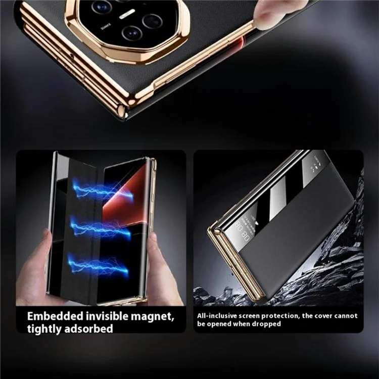 Custodia per Huawei Mate X6 con finestra di visualizzazione, risveglio/sospensione automatici, cover in pelle a portafoglio con texture a litchi - Rosso