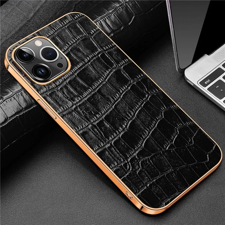 Electroplating Phone Case for iPhone 14 Pro Shockproof Anti-Drop Case Crocodile Texture Genuine Leather Coated TPU Back Cover - Black