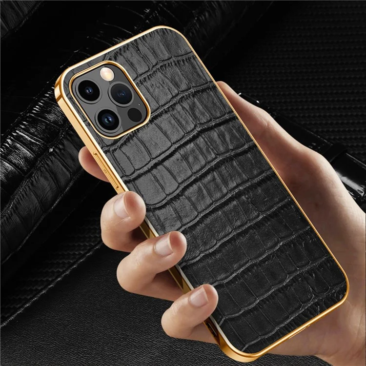 Electroplating Phone Case for iPhone 14 Pro Shockproof Anti-Drop Case Crocodile Texture Genuine Leather Coated TPU Back Cover - Black