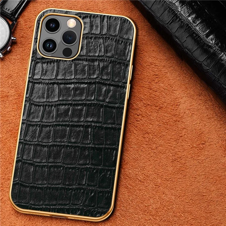 Electroplating Phone Case for iPhone 14 Pro Shockproof Anti-Drop Case Crocodile Texture Genuine Leather Coated TPU Back Cover - Black