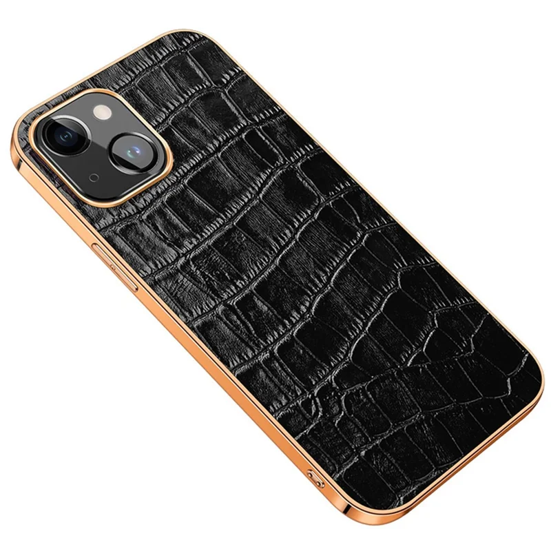 Electroplating Phone Case for iPhone 14 Plus Crocodile Texture Shockproof Case Genuine Leather Coated TPU Back Cover - Black