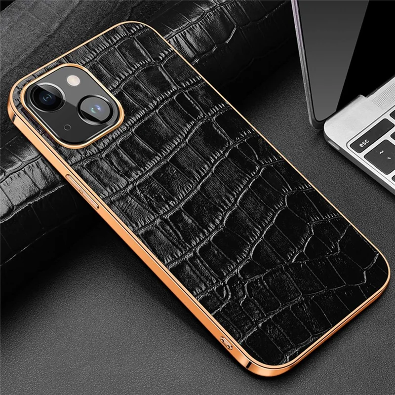 Electroplating Phone Case for iPhone 14 Plus Crocodile Texture Shockproof Case Genuine Leather Coated TPU Back Cover - Black