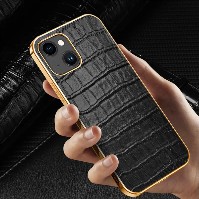 Electroplating Phone Case for iPhone 14 Plus Crocodile Texture Shockproof Case Genuine Leather Coated TPU Back Cover - Black