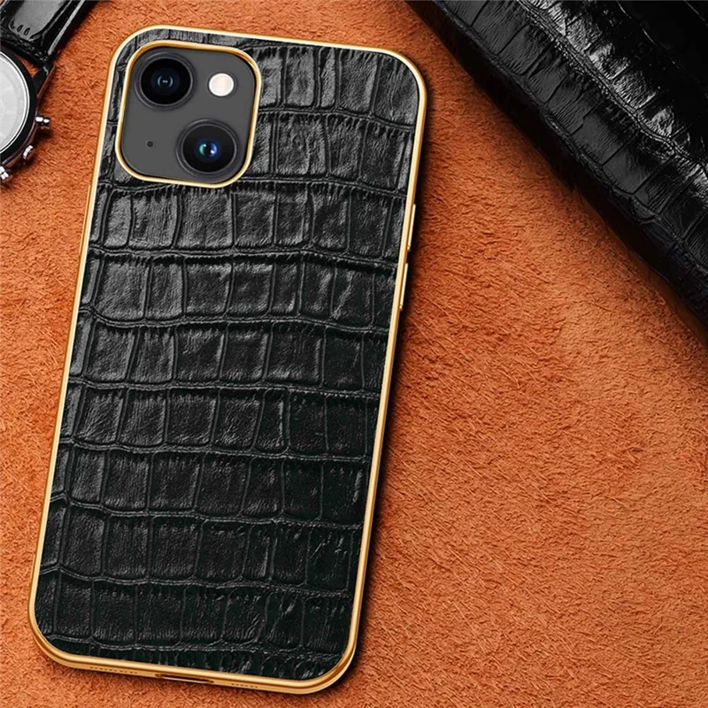 Anti-Drop Phone Case for iPhone 14 Crocodile Texture Shockproof Case Genuine Leather Coated Electroplating TPU Back Cover - Black