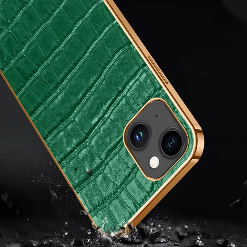 Anti-Drop Phone Case for iPhone 14 Crocodile Texture Shockproof Case Genuine Leather Coated Electroplating TPU Back Cover - Black