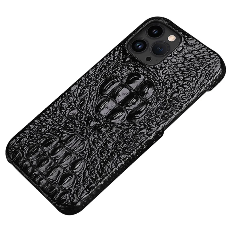 Protective Case for iPhone 14 Pro Hard PC Phone Case Genuine Leather Coated Crocodile Texture Anti-Fall Shockproof Cover - Black