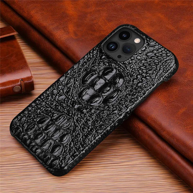 Protective Case for iPhone 14 Pro Hard PC Phone Case Genuine Leather Coated Crocodile Texture Anti-Fall Shockproof Cover - Black