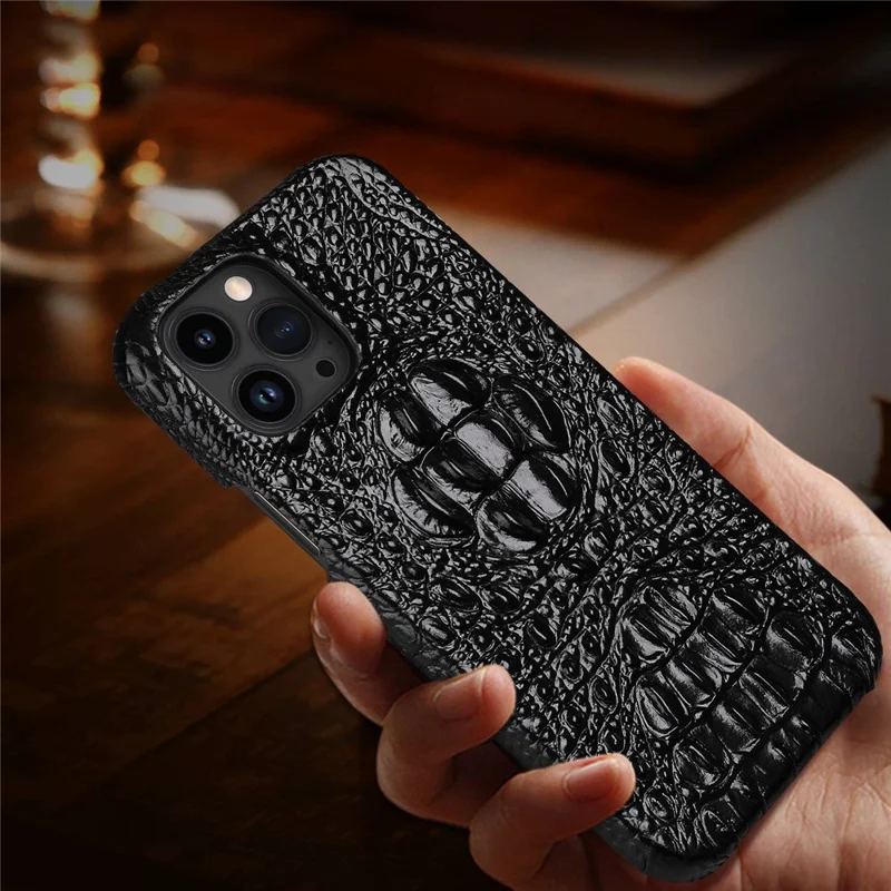 Protective Case for iPhone 14 Pro Hard PC Phone Case Genuine Leather Coated Crocodile Texture Anti-Fall Shockproof Cover - Black