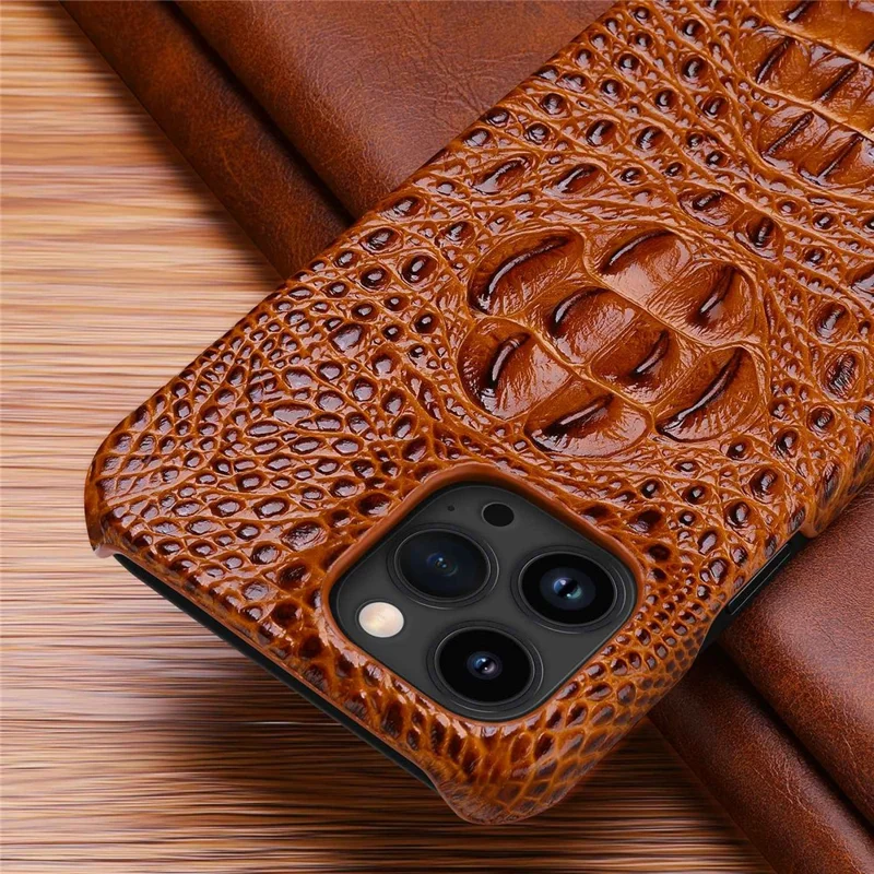 Protective Case for iPhone 14 Pro Hard PC Phone Case Genuine Leather Coated Crocodile Texture Anti-Fall Shockproof Cover - Black