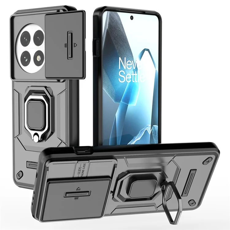 Coque pour OnePlus 13 en PC+TPU avec support intégré et protection de l'objectif - Noir