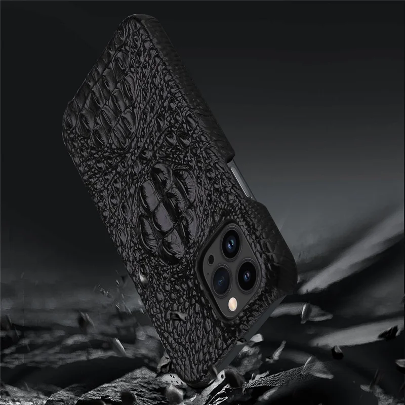 Case de Teléfono Anti-caza Para Iphone 14 Pro Max Hard PC Case Protector de Cuero Genuino Crocodile Textura Cubierta a Prueba de Choque - Negro