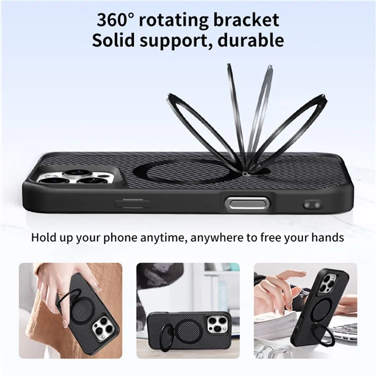 Für iPhone 16 Pro Max Handyhülle mit magnetischem Ständer TPU + PC Kohlefaser Rückseite - Schwarz