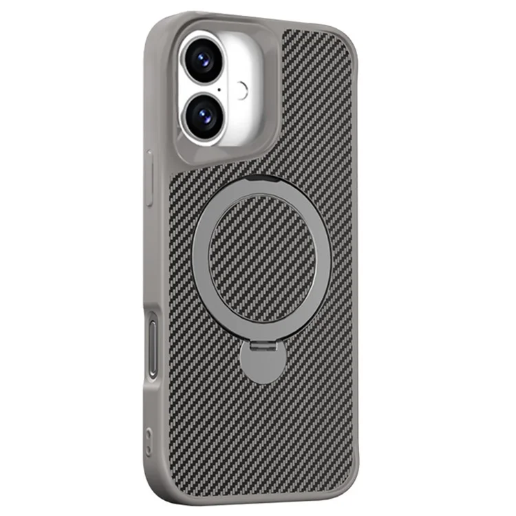 Coque de téléphone pour iPhone 16 Plus, support rotatif magnétique, en TPU+PC avec fibre de carbone, couleur grise.