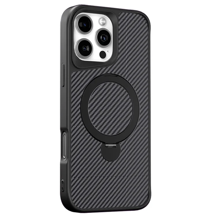 Coque de téléphone magnétique rotative avec support intégré pour iPhone 16 Pro, en TPU+PC avec fibre de carbone - Noir