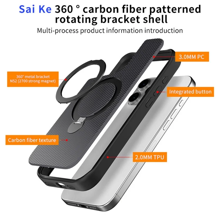 Coque de téléphone magnétique rotative avec support intégré pour iPhone 16 Pro, en TPU+PC avec fibre de carbone - Noir