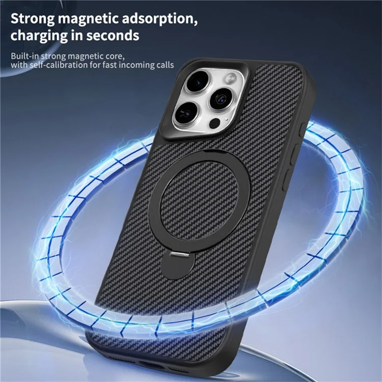 Coque de téléphone magnétique rotative avec support intégré pour iPhone 16 Pro, en TPU+PC avec fibre de carbone - Noir