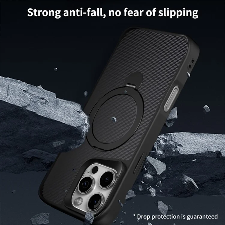 Coque de téléphone magnétique rotative avec support intégré pour iPhone 16 Pro, en TPU+PC avec fibre de carbone - Noir