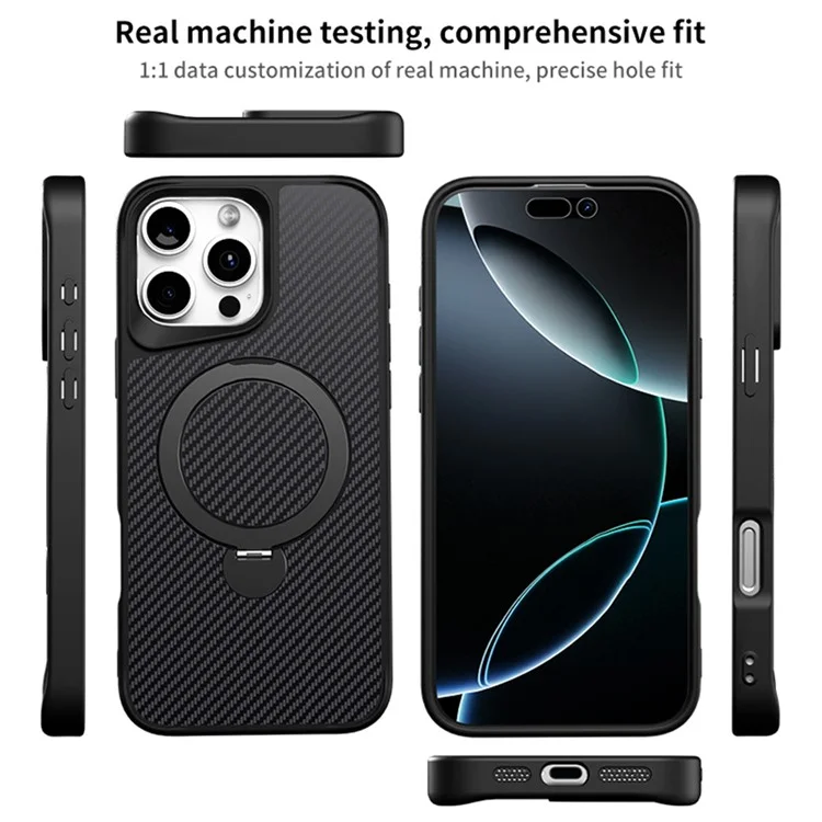 Coque de téléphone magnétique rotative avec support intégré pour iPhone 16 Pro, en TPU+PC avec fibre de carbone - Noir