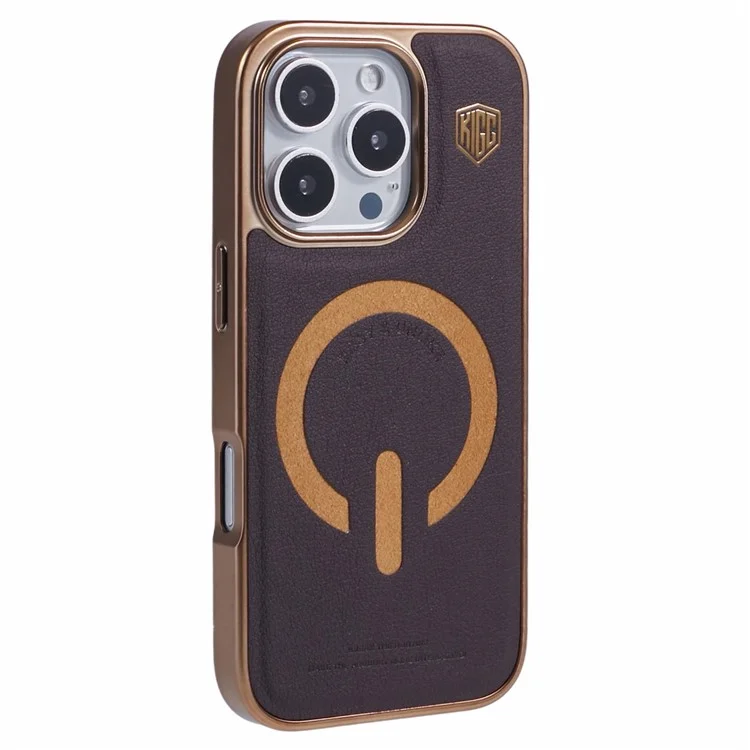 Чехол для iPhone 16 Pro Max KIGC, совместимый с MagSafe, кожа+пластик+ТПУ, задняя крышка - титановое золото