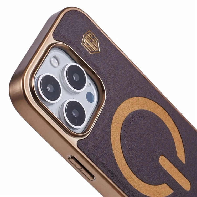 Чехол для iPhone 16 Pro Max KIGC, совместимый с MagSafe, кожа+пластик+ТПУ, задняя крышка - титановое золото