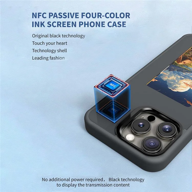 For iPhone 16 Pro E Ink Phone Case 4-Color Screen, DIY Wireless NFC Photo Display - Black