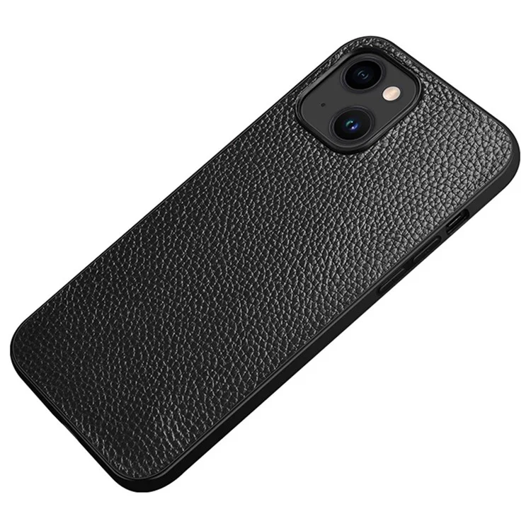 For iPhone 14 Plus Mobile Phone Case Genuine Cowhide Leather Coated Hard PC+TPU Anti-scratch Phone Cover - Black