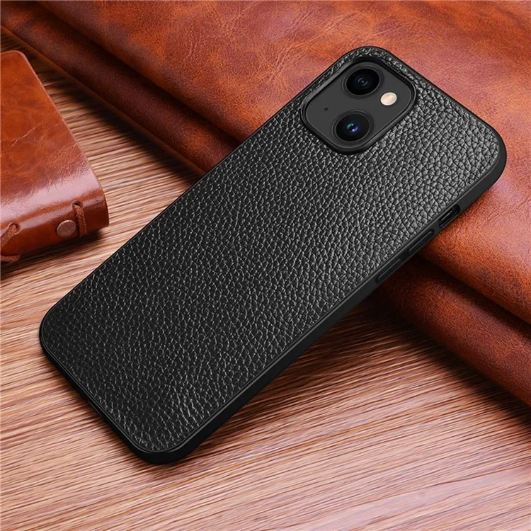 For iPhone 14 Plus Mobile Phone Case Genuine Cowhide Leather Coated Hard PC+TPU Anti-scratch Phone Cover - Black