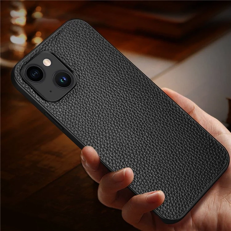 For iPhone 14 Plus Mobile Phone Case Genuine Cowhide Leather Coated Hard PC+TPU Anti-scratch Phone Cover - Black