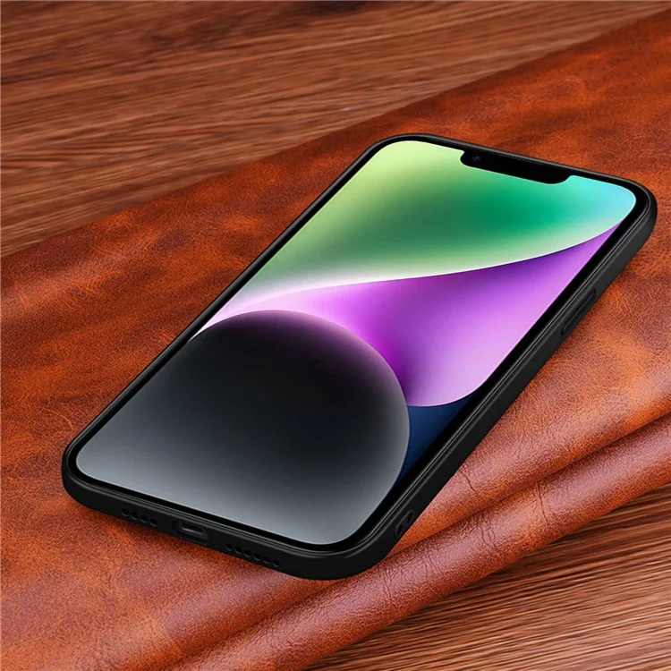 For iPhone 14 Plus Mobile Phone Case Genuine Cowhide Leather Coated Hard PC+TPU Anti-scratch Phone Cover - Black