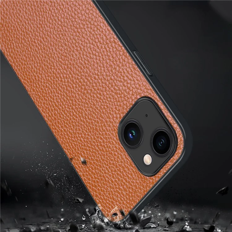 For iPhone 14 Plus Mobile Phone Case Genuine Cowhide Leather Coated Hard PC+TPU Anti-scratch Phone Cover - Black