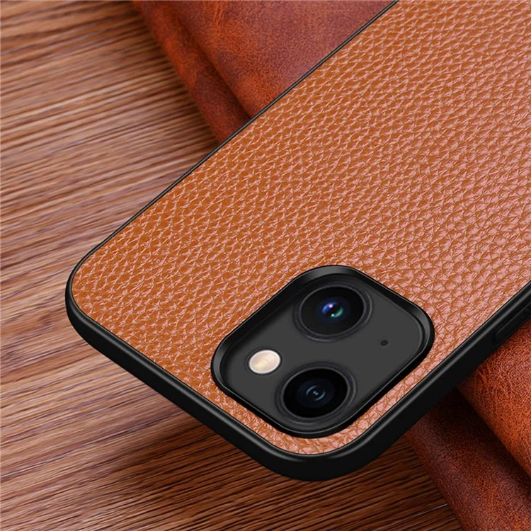 For iPhone 14 Plus Mobile Phone Case Genuine Cowhide Leather Coated Hard PC+TPU Anti-scratch Phone Cover - Black