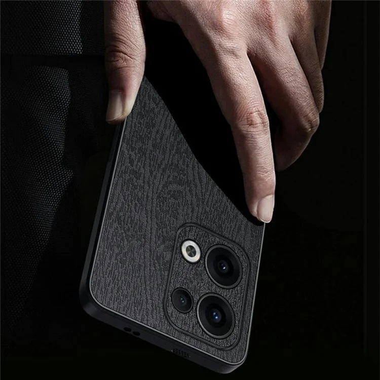 Funda para Oppo Reno13 5G (Global) con textura de madera, revestimiento de piel de poliuretano y cubierta de PC + TPU - Negro
