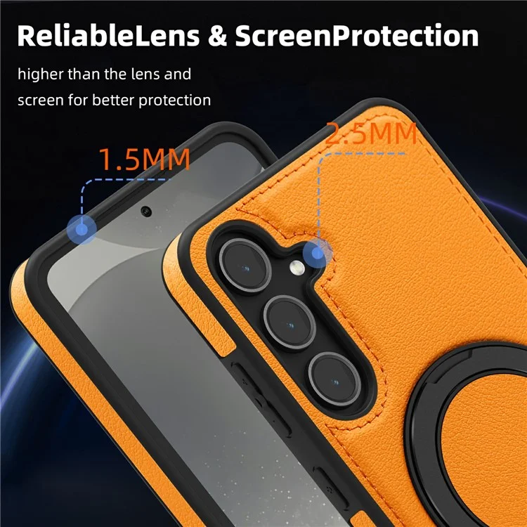 Для Samsung Galaxy S25 Магнитный чехол Вращающееся кольцо Подставка Кожа PU + ПК + ТПУ Задняя крышка - Оранжевый