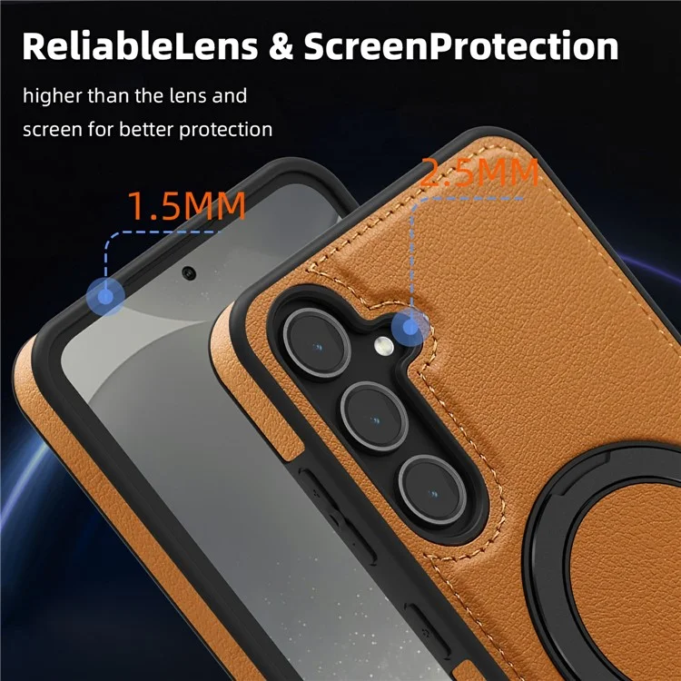 Для Samsung Galaxy S25+ магнитный чехол с вращающимся кольцом и подставкой из искусственной кожи, пластика и ТПУ - коричневый