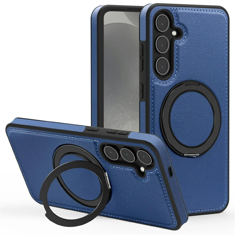 For Samsung Galaxy S25+ Case with Ring Kickstand Magnetic Case PU Leather Back Cover - Blue