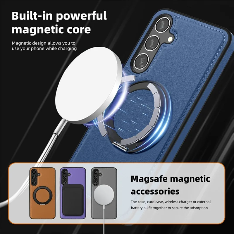 For Samsung Galaxy S25+ Case with Ring Kickstand Magnetic Case PU Leather Back Cover - Blue