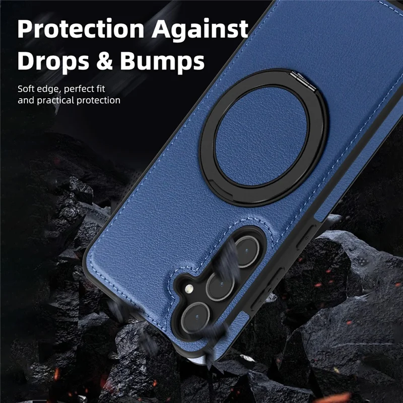 For Samsung Galaxy S25+ Case with Ring Kickstand Magnetic Case PU Leather Back Cover - Blue