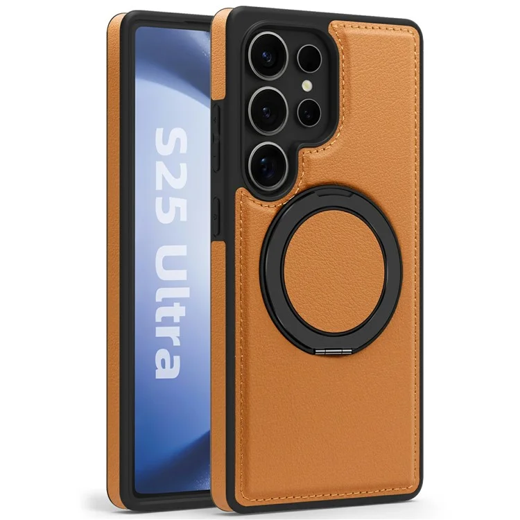 Для Samsung Galaxy S25 Ultra магнитный чехол с вращающимся кольцом и подставкой, из искусственной кожи, поликарбоната и ТПУ - коричневый