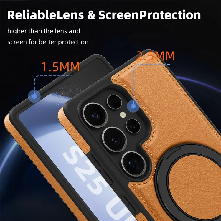 Для Samsung Galaxy S25 Ultra магнитный чехол с вращающимся кольцом и подставкой, из искусственной кожи, поликарбоната и ТПУ - коричневый