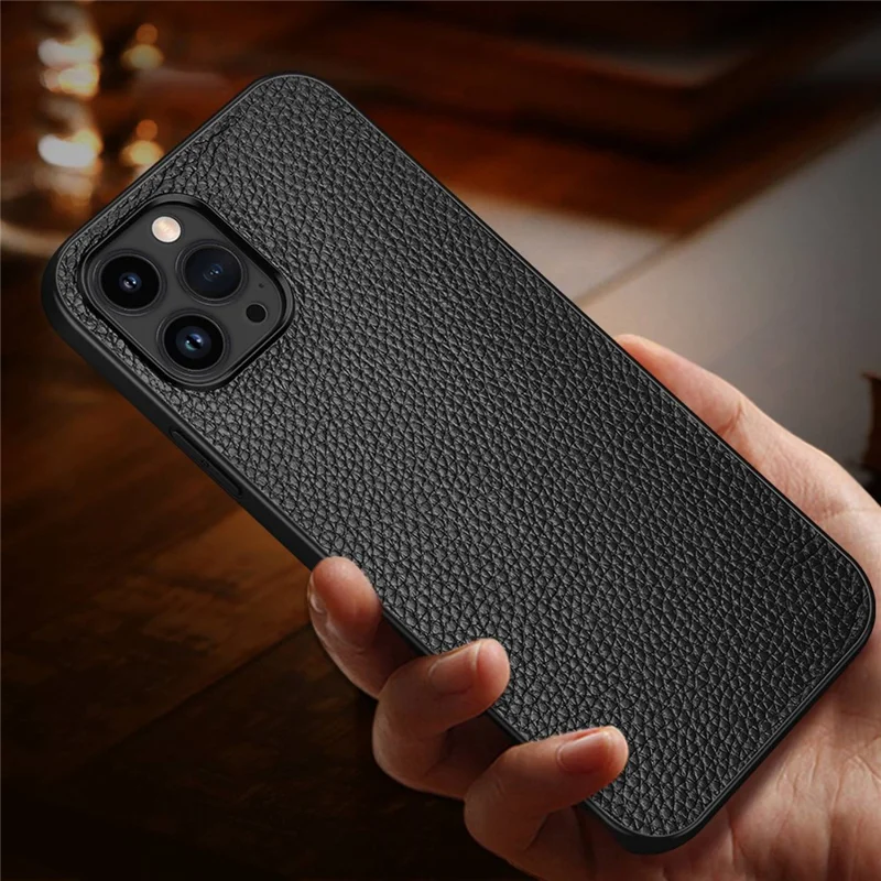 For iPhone 14 Pro Max Ultra Slim Phone Cover Litchi Texture Genuine Cowhide Leather Coated Hard PC+TPU Anti-scratch Phone Case - Black