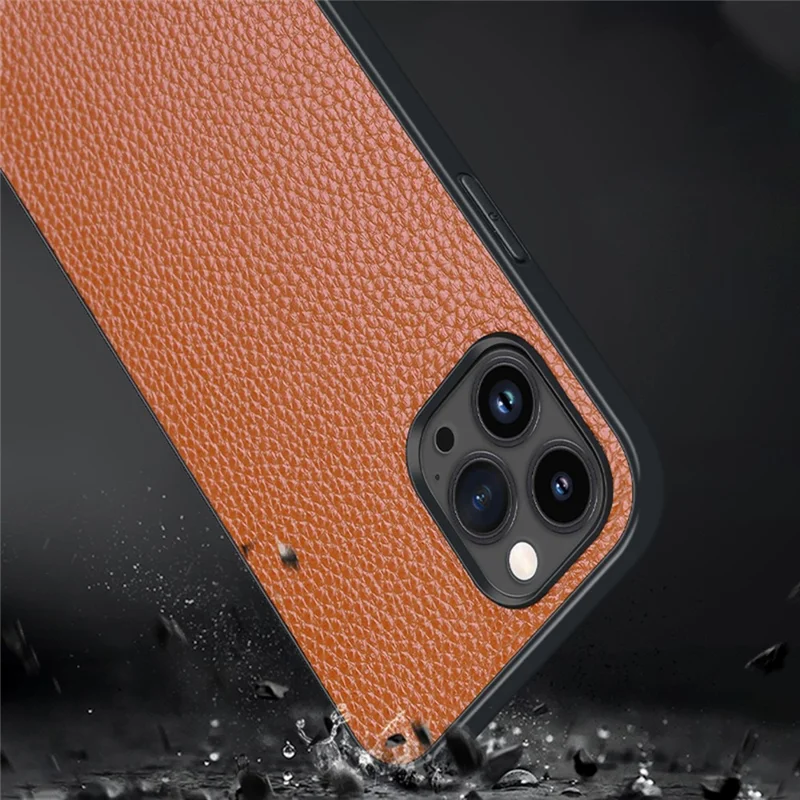For iPhone 14 Pro Max Ultra Slim Phone Cover Litchi Texture Genuine Cowhide Leather Coated Hard PC+TPU Anti-scratch Phone Case - Black