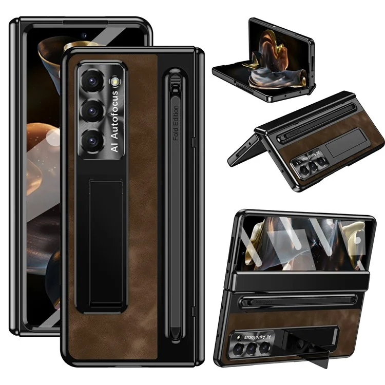 Étui fin en cuir et PC avec support pour Samsung Galaxy Z Fold6, avec film en verre trempé - Café