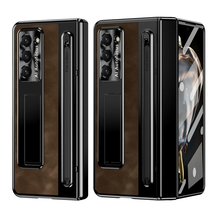 Étui fin en cuir et PC avec support pour Samsung Galaxy Z Fold6, avec film en verre trempé - Café