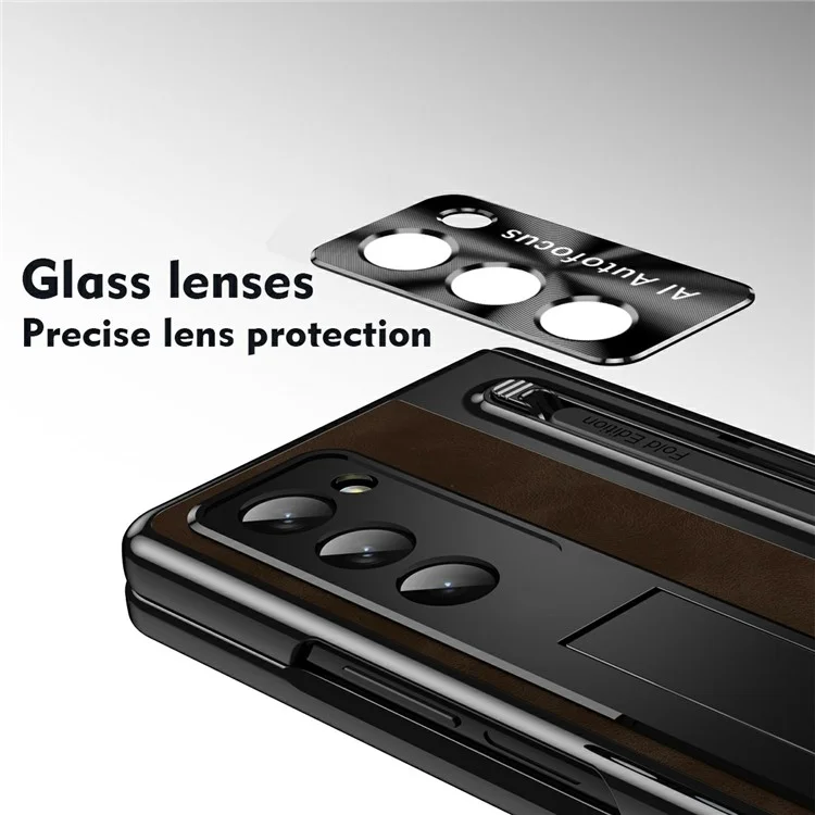 Étui fin en cuir et PC avec support pour Samsung Galaxy Z Fold6, avec film en verre trempé - Café