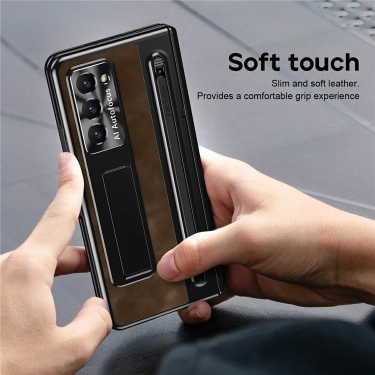 Étui fin en cuir et PC avec support pour Samsung Galaxy Z Fold6, avec film en verre trempé - Café